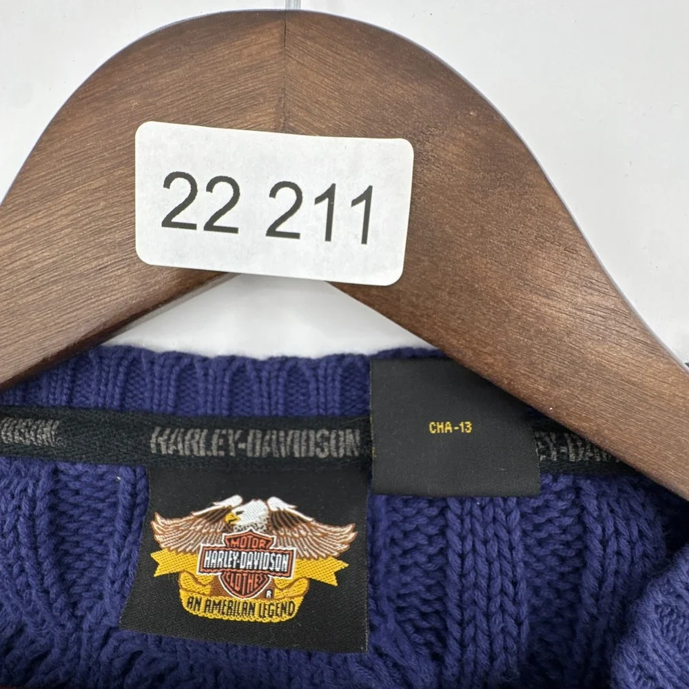 Harley-Davidson Mens XXL Navy Cable Knit‎ Cotton Crew Neck Sweater Logo Patch